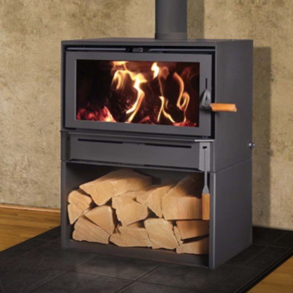 High-efficiency wood stove burning in cozy Boulder Colorado home interior