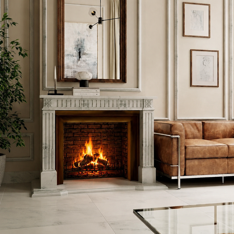Modern gas fireplace installed in Boulder CO living room with stone surround and realistic flames